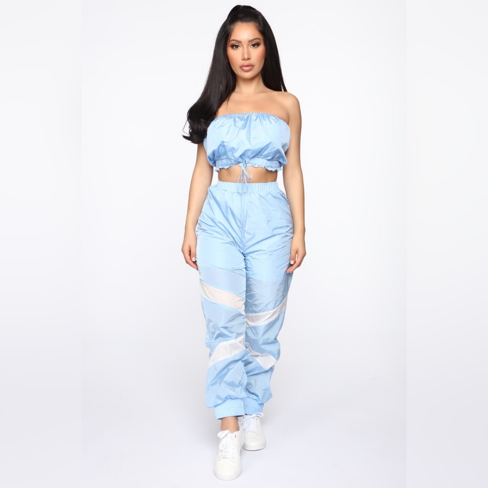 Fashion Nova Light Blue Nylon Matching Set, Strapless Crop Top & Joggers L
